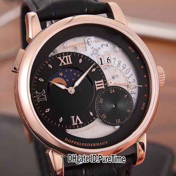 

новый glashutte фаза луны розовое золото 139,021 черный циферблат автоматическая daydate мужские часы коричневый кожаный ремешок спортивные, Slivery;brown