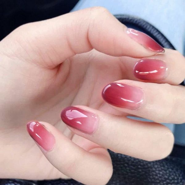 

24pcs/set gouache gradient gentle morandi grey false nails,small round head middle-long full nail tips lady art tool bride, Red;gold