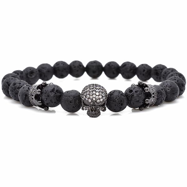 

Luxury Brand Men Jewelry Micro Pave CZ Skeleton Skull Stone Energy European Buddha Natural Strand Mens Charms Beads Black Lava Rock Bracelet