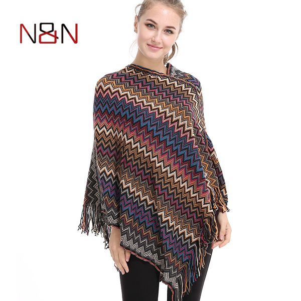 

casual knitted sweater women warm loose striped tassel poncho and capes ladies long batwing sleeve sweaters v-neck cape ph07, White;black