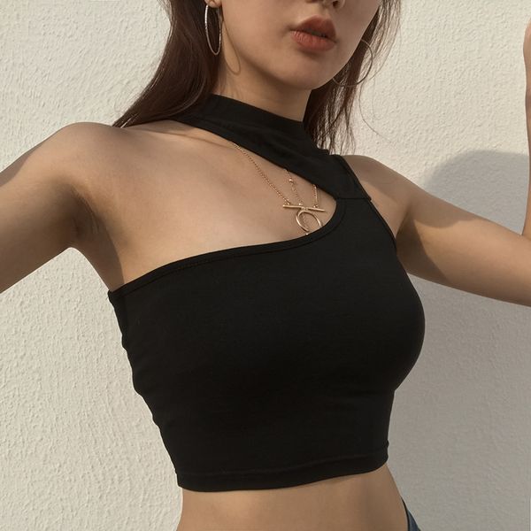 

fashion summer slim fit stretchy red crop party 2018 women turtleneck asymmetric cutout sleeveless tank, White