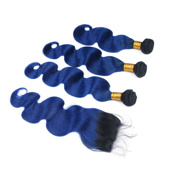 1b Blue Ombre Hair 3bundles Extensions With Lace Closure Lace