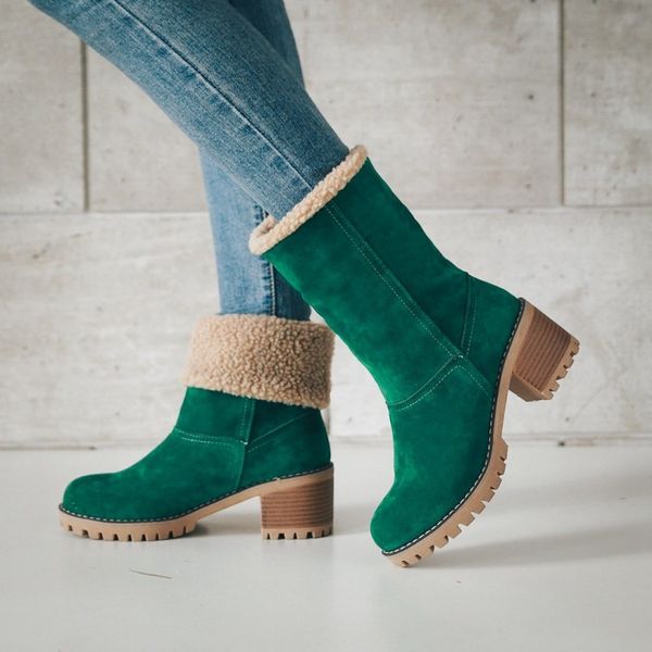 

flock womens snow boots platform ankle boots for women winter warm mid-calf boots square high heels turned-over edge adf-2741, Black
