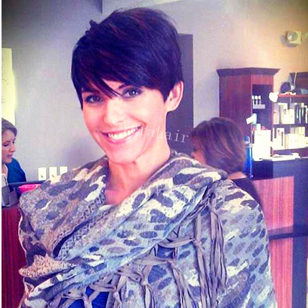 

celebrity pixie cut short brazilian hair full machinelace wig human virgin none lace front guleless wig for black women, Black;brown