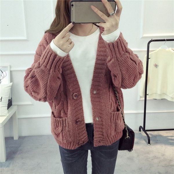 

autumn and winter v-neck knitted cardigans casual pockets solid warm sweater women long sleeve loose outerwear, White;black