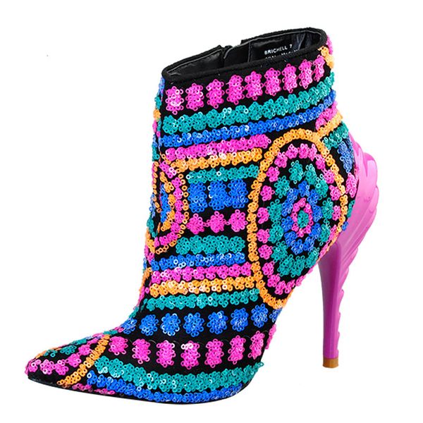 

pink palms shoes women boots sequined cloth fuchsia bling paillette shoes high heels pointed toe boots ankle boots, Black