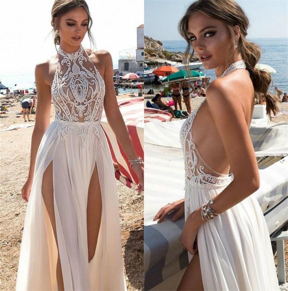 Berta 2019 Sahil Gelinlik A Hattı Halter Pretty Dantel Aplike Backless Yüksek Bölünmüş Gelinlik robe de mariée Gelin törenlerinde