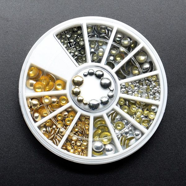 

fashion mixed color style 3d tips metal semi-circle round design diy wheel nail art decoration manicure salon tools rivets studs, Silver;gold