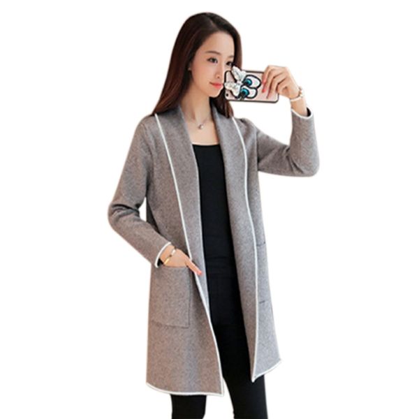 

женщины длинные куртки отложным воротником свободные открытым стежком кардиган пиджаки офис леди с длинным рукавом осень зима пальто женский, Black;brown