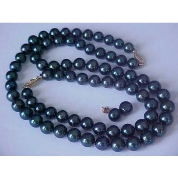 

9-10mm south sea natural black pearl necklace bracelet earring set 14k yellow go, Silver