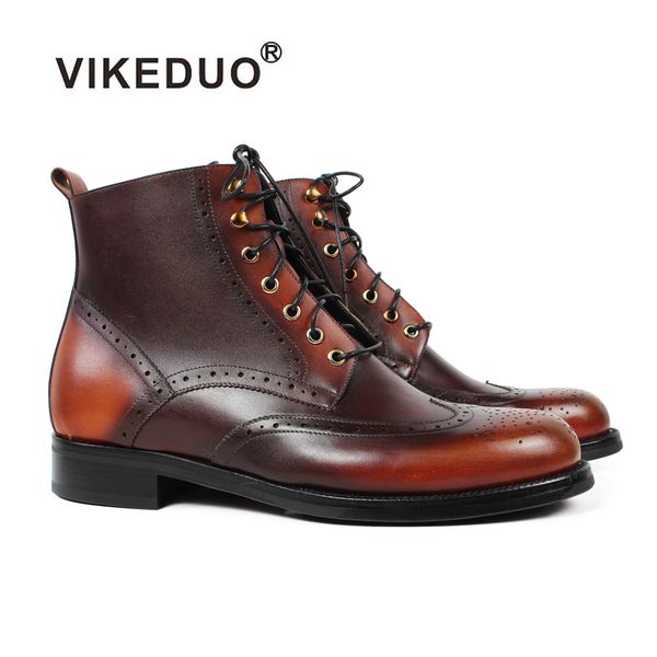 

vikeduo new autumn ankle motorcycle boots men full brogue patina black bespoke boots male handmade genuine leather botas hombre