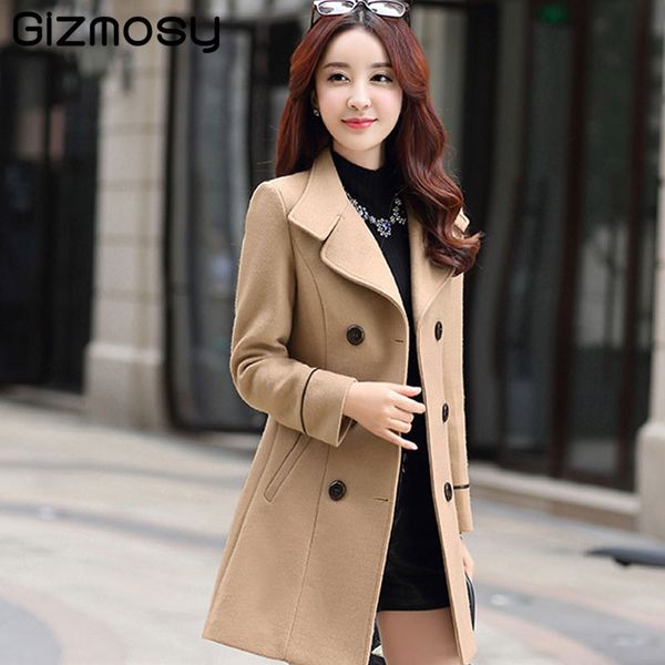 

winter thicken wool coat women long sleeve turn-down collar outwear jacket casual double breasted autumn parkas plus size bn5870, Black