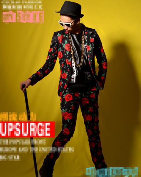 

man han edition of the new fashion boutique personality anchor bar singer stage costumes dance coquettish rose suit jacket m - 2xl, Black;red