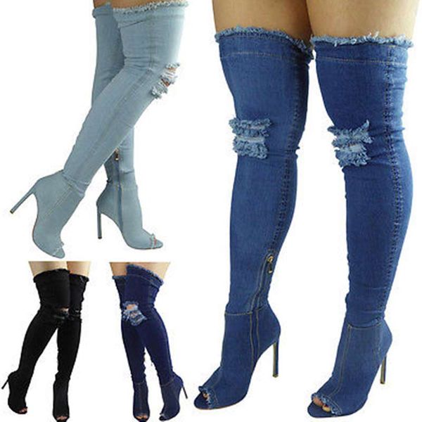 

shoes women style fashion winter women boots plus size pu footwear 2018 new denim boots over the knee thigh high, Black