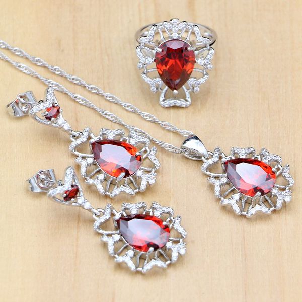 

mystic red zircon white crystal 925 silver jewelry sets for women wedding accessories earrings/pendant/necklace/rings, Slivery;golden