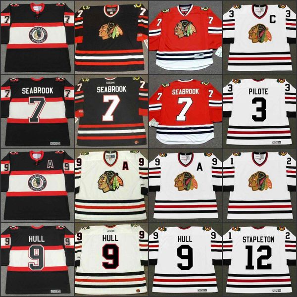 

3 pierre pilote 7 brent seabrook 9 bobby hull 12 pat stapleton 1967 ccm vintage jersey, Black;red