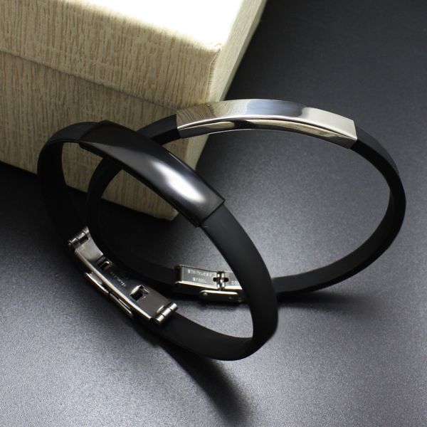 

2018 designs jewelry simple punk couple black rubber silicone wrap bracelet bangle smooth tube tags stainless steel bangles, White