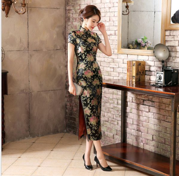 

chinese women's black long flower dress traditional satin qipao cheongsam casual largo vestidos s  l xl xxl xxxl c0035, Red