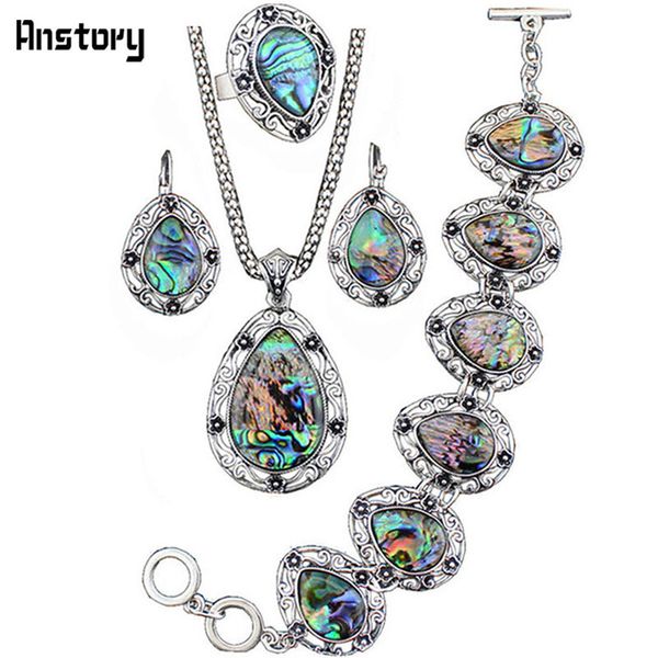 

whole saleflower drop pendant shell jewelry set necklace bracelet earrings for women vintage antique silver plated fashion jewelry ts199