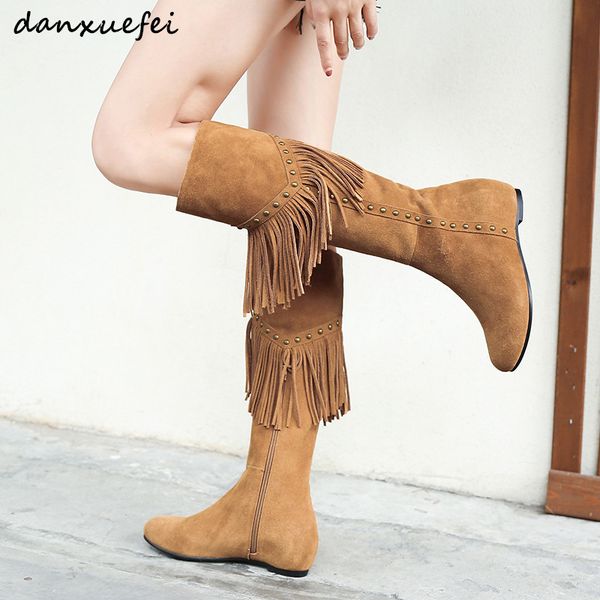 

plus size 33-40 women's knee high boots genuine suede leather high boots winter warm plush fringe long flats female shoes, Black