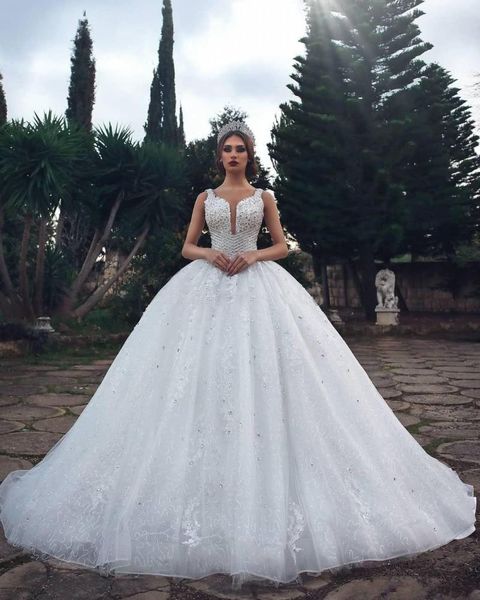 

Luxury Ball Gown Wedding Dresses Crystal Sequins Lace Tulle Saudi Arabic Bridal Dresses Sparkle Wedding Gowns Cathedral Train
