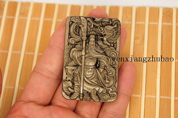 

natural gold yiu stone, handcrafted and finely engraved guan gong (zhongyi qianqiu), talisman necklace pendant, Silver