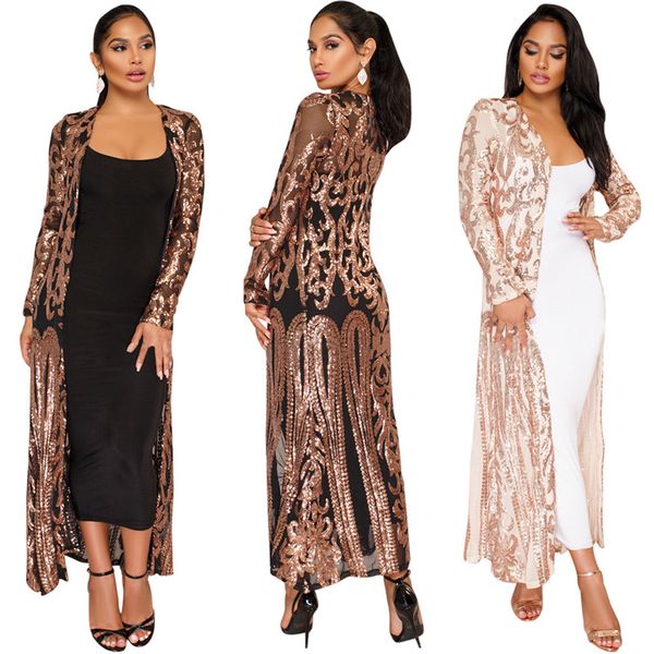

sequin long cardigan coat fashion long sleeve open front trench coat party clubwear black sheer mesh sparkly cardigans for women, Tan;black