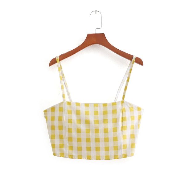 

2018 new women sleeveless yellow plaid camis tank spaghetti strap back zipper ladies summer short sling t132, White
