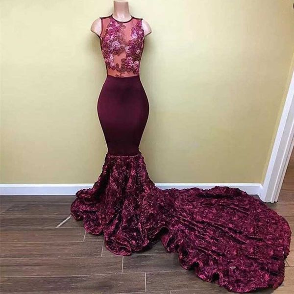 

великолепная африканская бургундия длинные русалка пром платья шикарный 3d роза цветок развертки поезд пром платья аппликации вечернее плать, Black