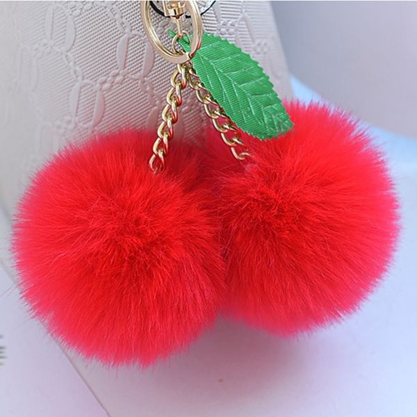 

original new cute faux rabbit fur ball pompom cherry keychain fluffy pompon key chain pom pom toy keyring bag charms car trinket, Silver