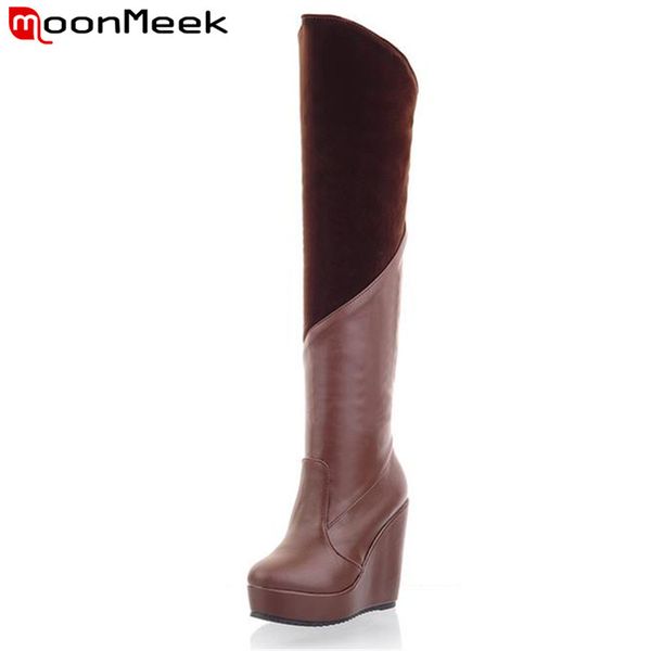 

moonmeek pu nubuck leather platform fashion over the knee boots college skid resistance high heel round toe women boots, Black
