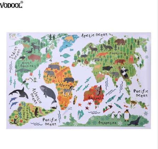 Adesivo da parete con mappa del mondo animale colorato Carta da parati in PVC rimovibile Carta da parati per bambini Decalcomanie per camera da letto Nursery Poster Decorazione per la casa
