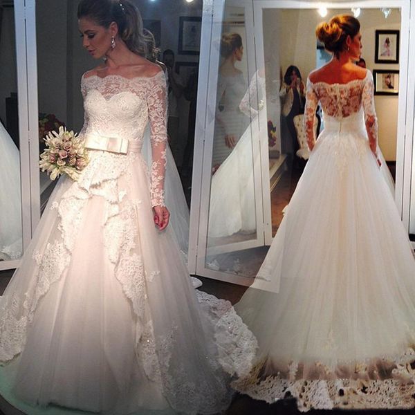 

Off-the-shoulder Lace Wedding Dresses A Line Custom Matched Bow Sash A-Line Long Sleeve Modest Tulle Bridal Gowns Vestido De Novia 2019