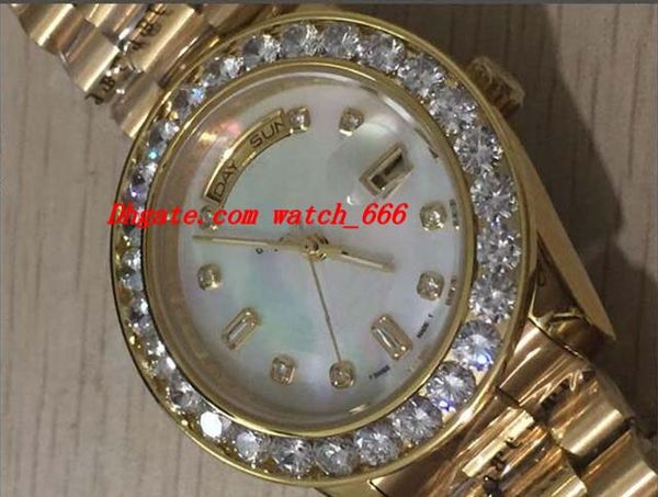 

Luxury Watches Free Shipping Men's 36mm 18K Gold White MOP Bigger Diamond Dial Bezel Quickset 2Y Automatic Men's Watch