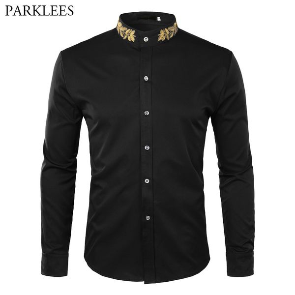 

fashion embroidery shirt men 2018 autumn new mandarin collar long sleeve dress shirt mens slim fit wedding tuxedo shirts male, White;black