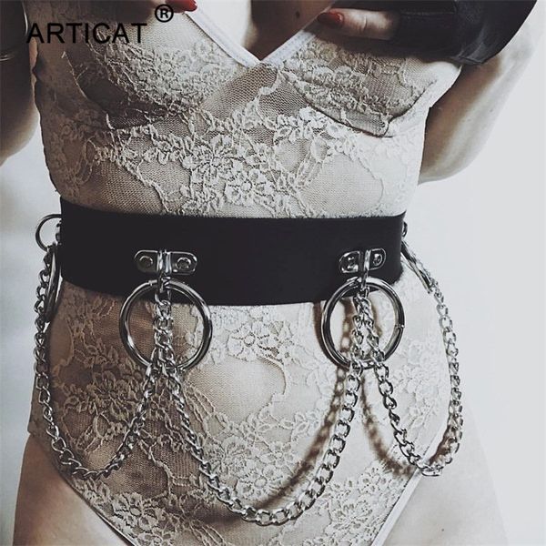 

articat punk gothic metal circle chain belt women pu leather waist belt body chain jeans for women high quality, Black;brown
