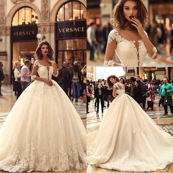 

2020 classic 1/2 long sleeves tulle ball gown wedding dresses tulle lace applique sweep train bridal wedding gowns