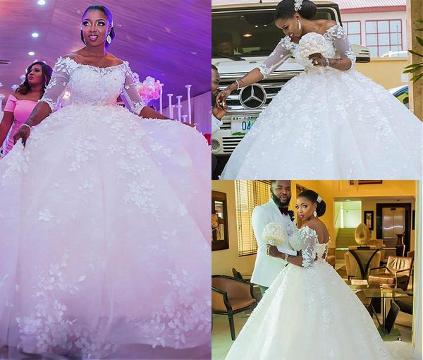 

2018 african plus size wedding dresses 3d floral applique beaded off shoulder ball gown wedding dress 3/4 long sleeve country bridal gown, White