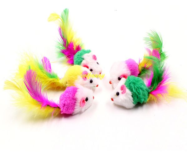 100pcs / lot liberano il trasporto 2 bambini incn colorati del mouse del gatto del mouse della coda della piuma mini giocattoli del mouse dell'animale domestico del cane