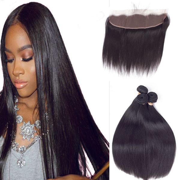 

leila 3 bundle with frontal malaysian straight hair weave remy human hair bundle and 13x 4 lace frontal closure with bundles, Black;brown
