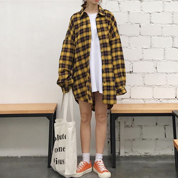 

mazefeng 2018 spring women casual shirts streetwear vintage long style ladies loose shirts fashion women plaid, White
