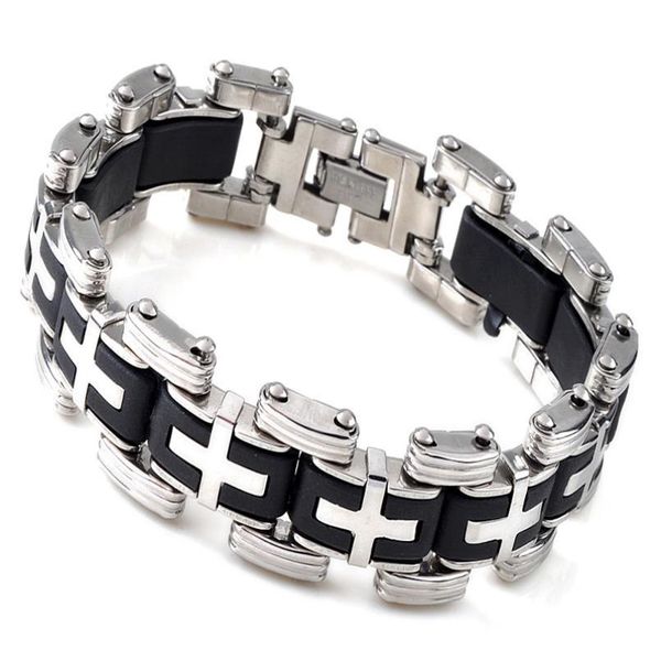 

men silver cross stainles steel black racelet bangle wristband