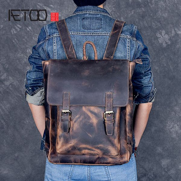 

aetoo brand designer men genuine leather backpack crazy horse vintage daypack multi pocket casual rucksack vintage handmade