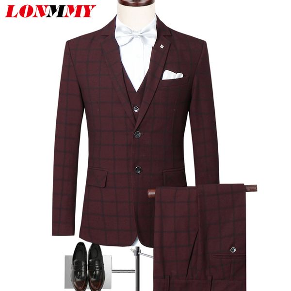 

lonmmy tuxedo men suits for wedding slim fit mens blazer jacket pants+vest+jacket 3 pieces/sets plaid blazer suits men 2018 red, White;black