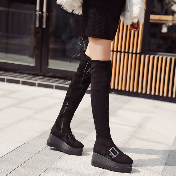 

ladies over the knee boots women high heels winter boots fashion thigh high women 7cm heel platform wedges shoes, Black