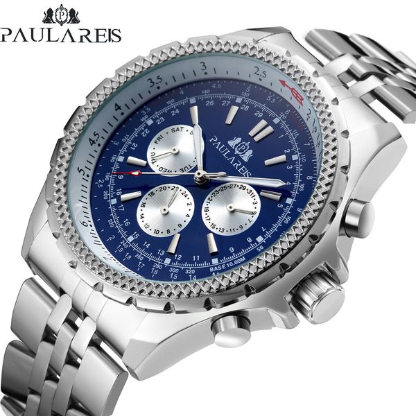 

men automatic self wind mechanical stainless steel strap fashion sports blue black white dial business watch, Slivery;brown
