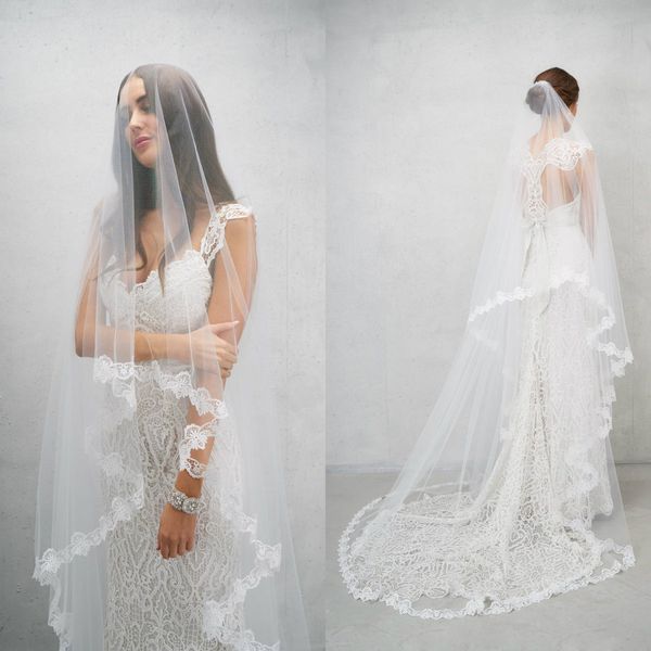 

2018 new arrival wedding veils three meters long veils lace applique two layers soft tulle cathedral length bridal veil, Black