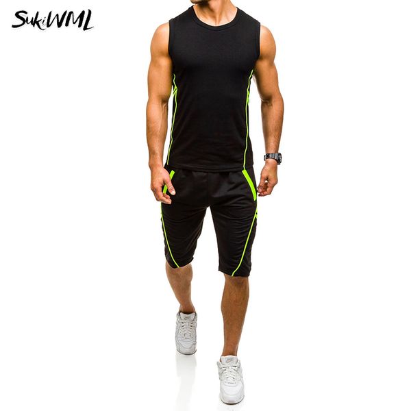 

sukiwml mens tracksuits 2018 new brand mens short sets solid color sleeveless track suits men set slim fit o-neck men sweatsuits, Gray