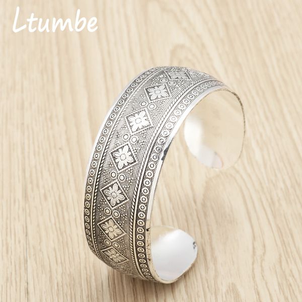 

ltumbe vintage punk carved flower bangles for women jewelry simple style chunky chain adjustable bracelets & bangles bijuterias, Black