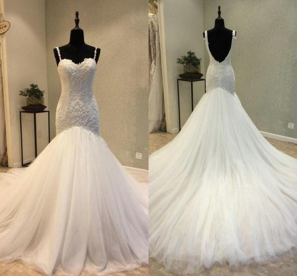 

vintage mermaid wedding dresses with spaghetti straps lace appliques and tulle backless bridal dress chapel train customized wedding gowns, White